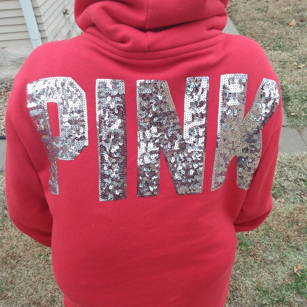 V.S. Pink sequin Sherpa Hood campus pullover hoodie Size S